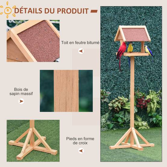 Mangeoire oiseaux sur pied bois massif abri jardin toit asphalte 55x55x144cm naturel - ComfortXL Outdoor Living - Image 7