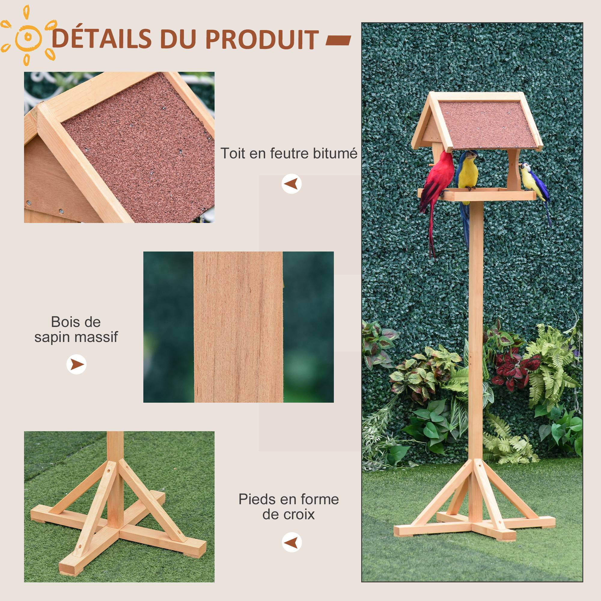 Mangeoire oiseaux sur pied bois massif abri jardin toit asphalte 55x55x144cm naturel - ComfortXL Outdoor Living - Image 7