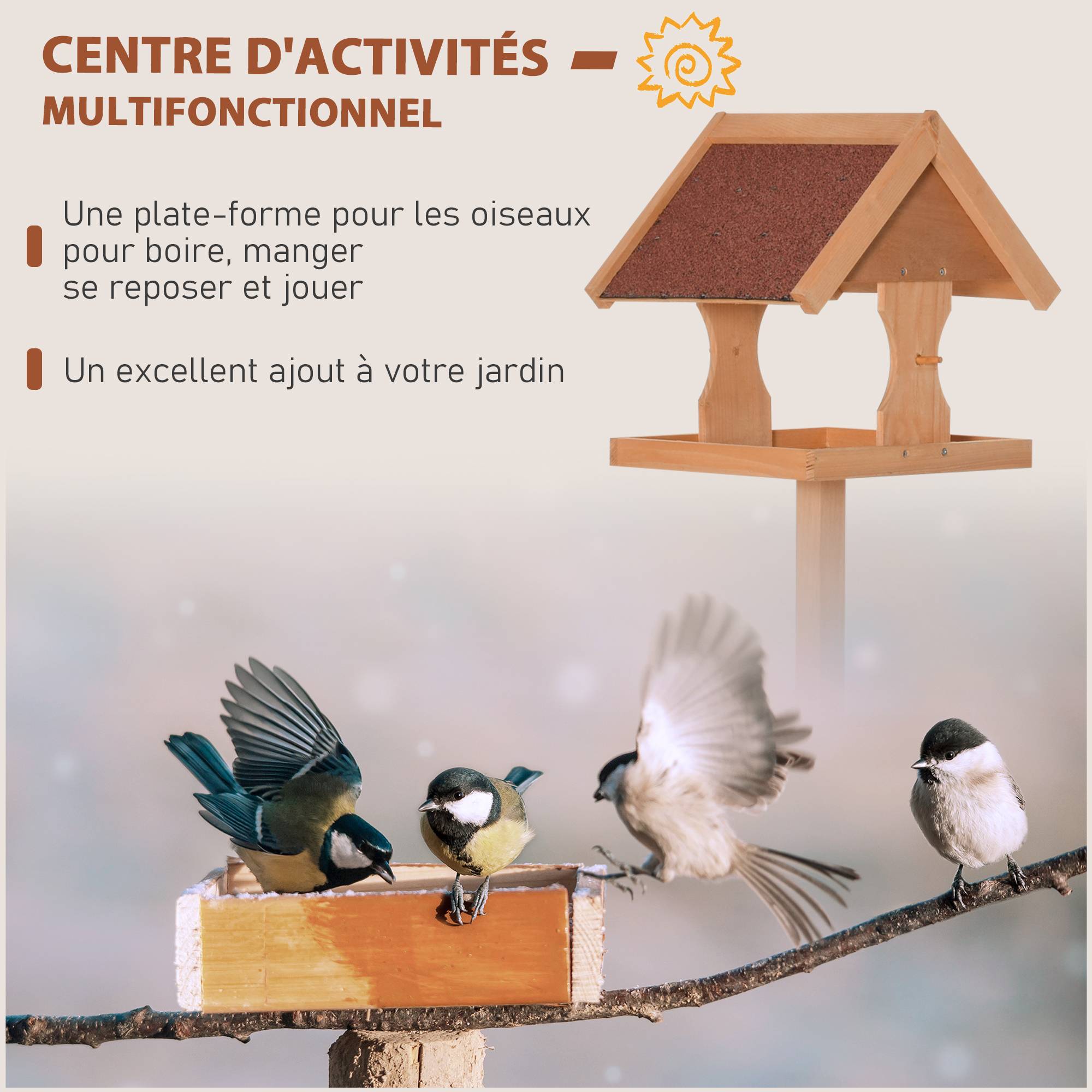 Mangeoire oiseaux sur pied bois massif abri jardin toit asphalte 55x55x144cm naturel - ComfortXL Outdoor Living - Image 8