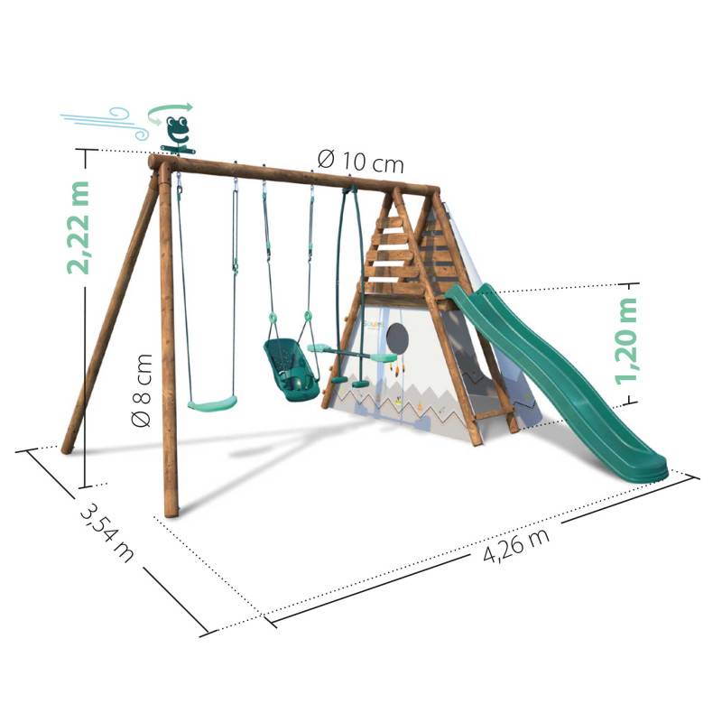 Soulet - Portique en bois rond 3 agrès avec balançoire bébé, tipi et toboggan CAMELIA - Imagen 4