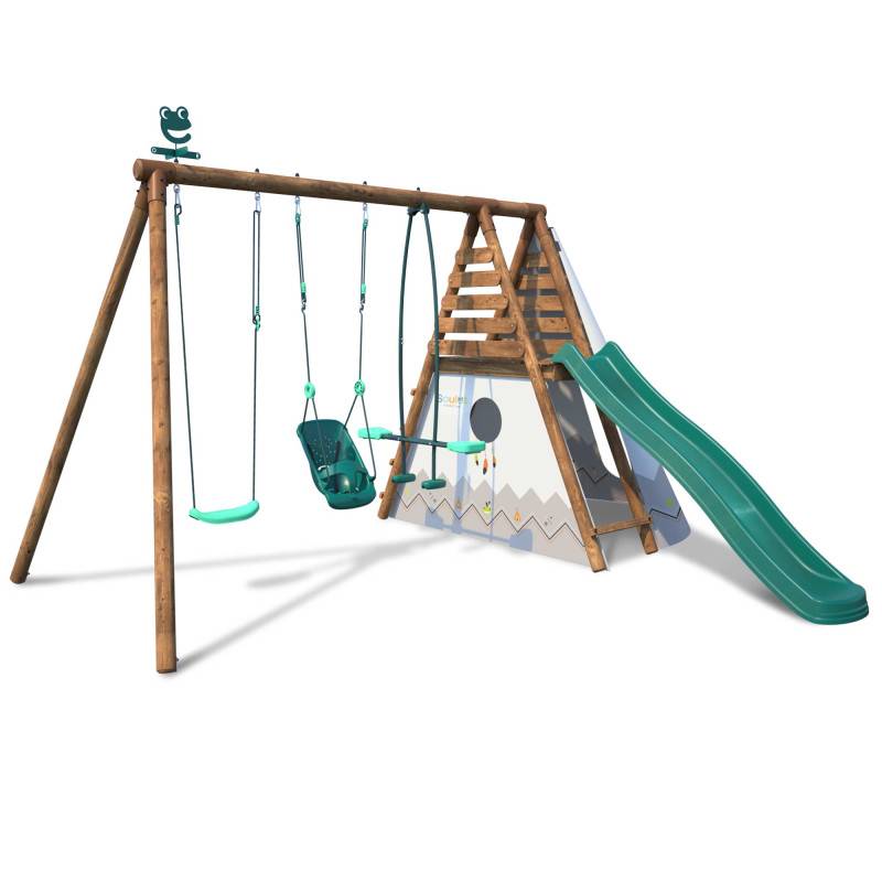 Soulet - Portique en bois rond 3 agrès avec balançoire bébé, tipi et toboggan CAMELIA - Imagen 1
