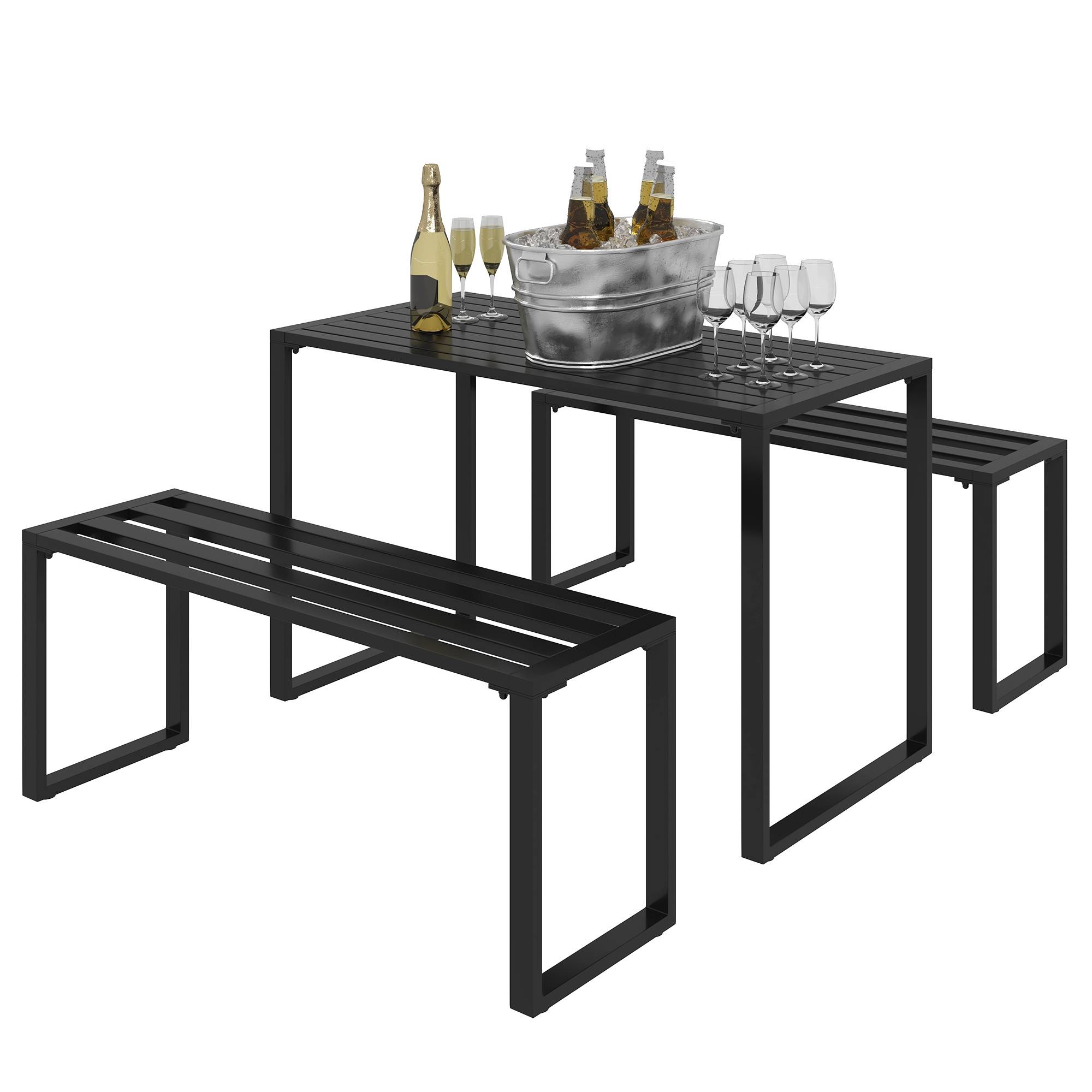 Mobilier de jardin 4 places : table + 2 bancs, métal, noir - Image 1