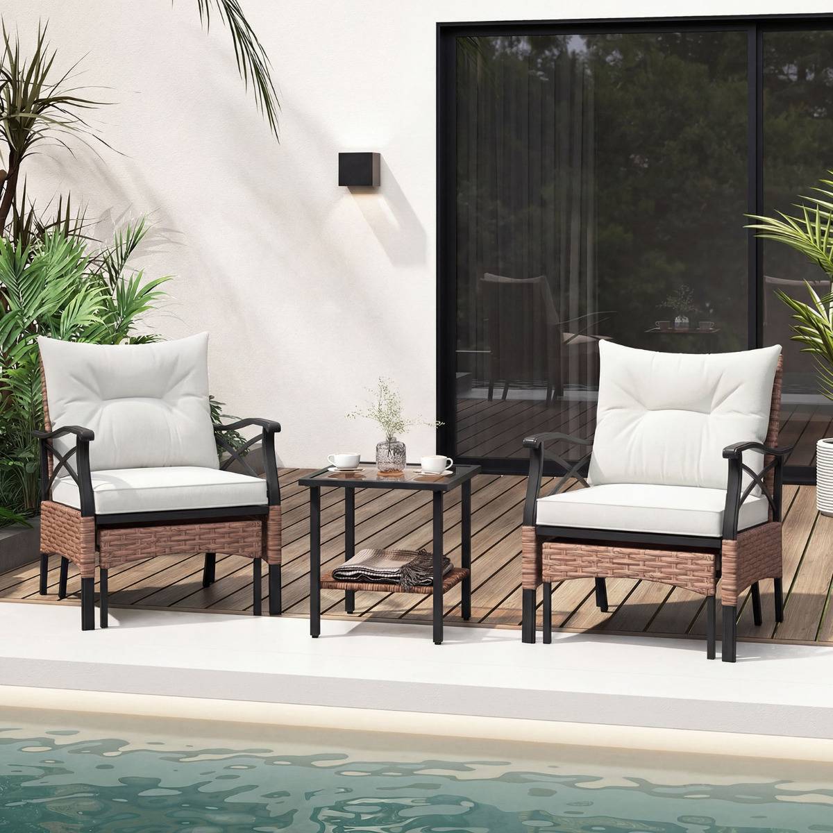 Ensemble de Meubles de Patio 5 Pièces Salon de Jardin en Rotin - 2 Chaises 2 Poufs et 1 Table Basse Beige MAISON CHIC - Image 3