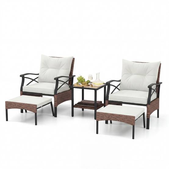 Ensemble de Meubles de Patio 5 Pièces Salon de Jardin en Rotin - 2 Chaises 2 Poufs et 1 Table Basse Beige MAISON CHIC - Image 1