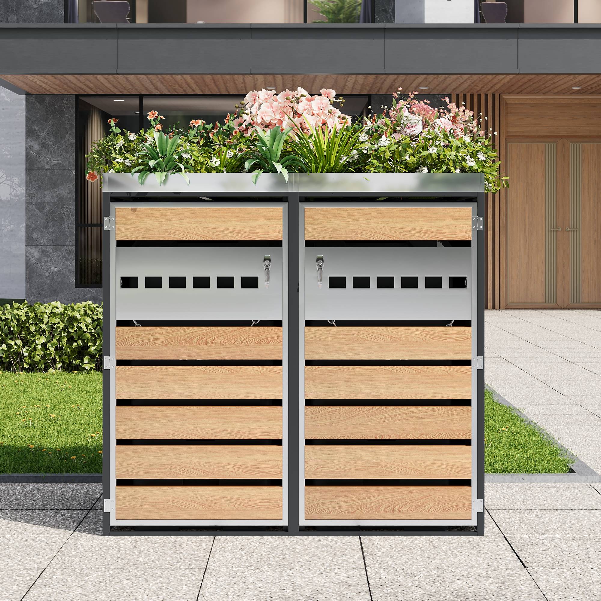 PANGIVO - Mülltonnenbox avec bois imitation et compartiments séparéss, 132 x 80 x 124,5 cm - PANGIVO