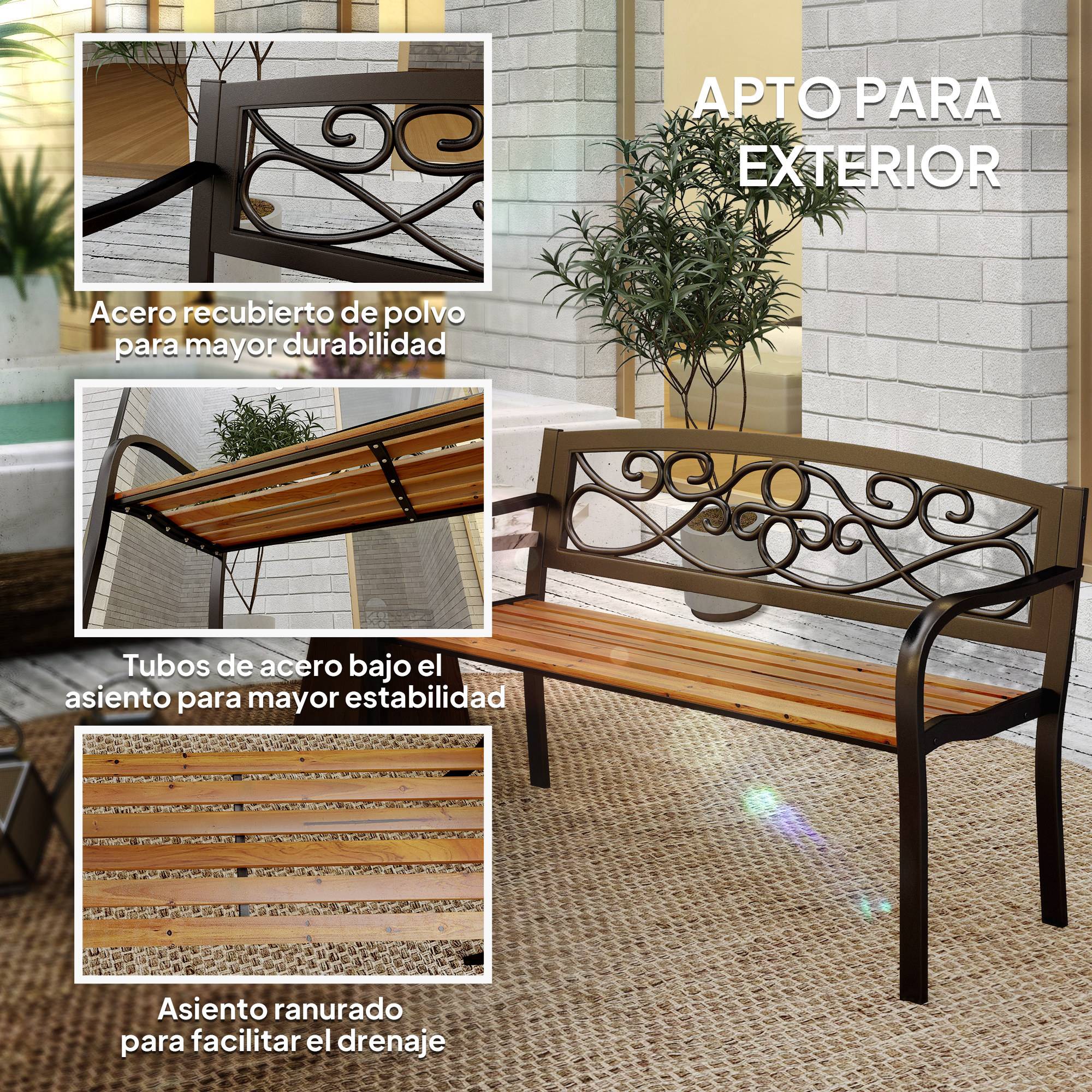 ComfortXL - Banc de jardin métal bois 2 places patio dossier fonte forgée 127x56x80 cm noir bois - ComfortXL Outdoor Living - Image 7