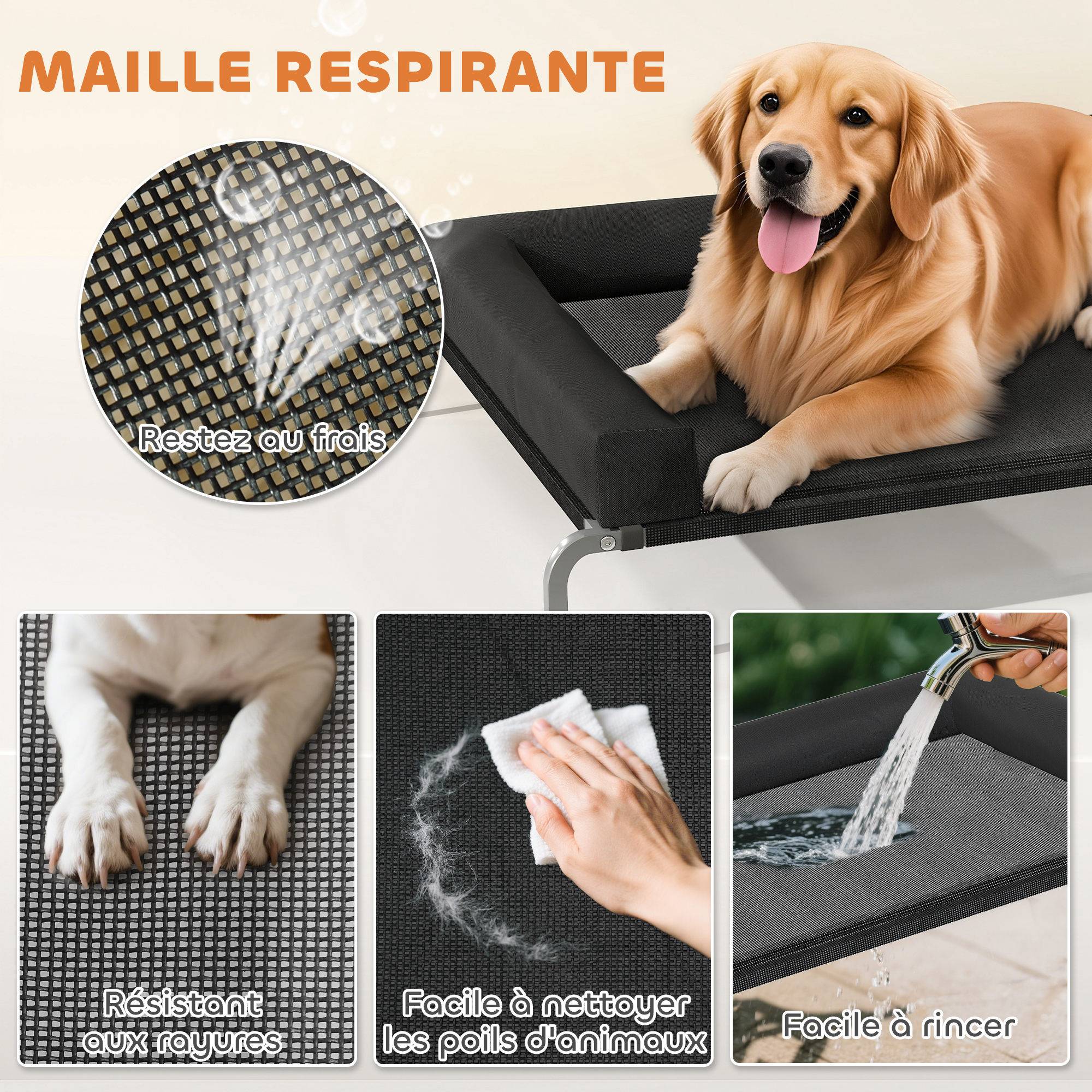 Lit surélevé chien toile Oxford intérieur extérieur rafraîchissant 130x90x30cm noir - ComfortXL Outdoor Living - Image 8