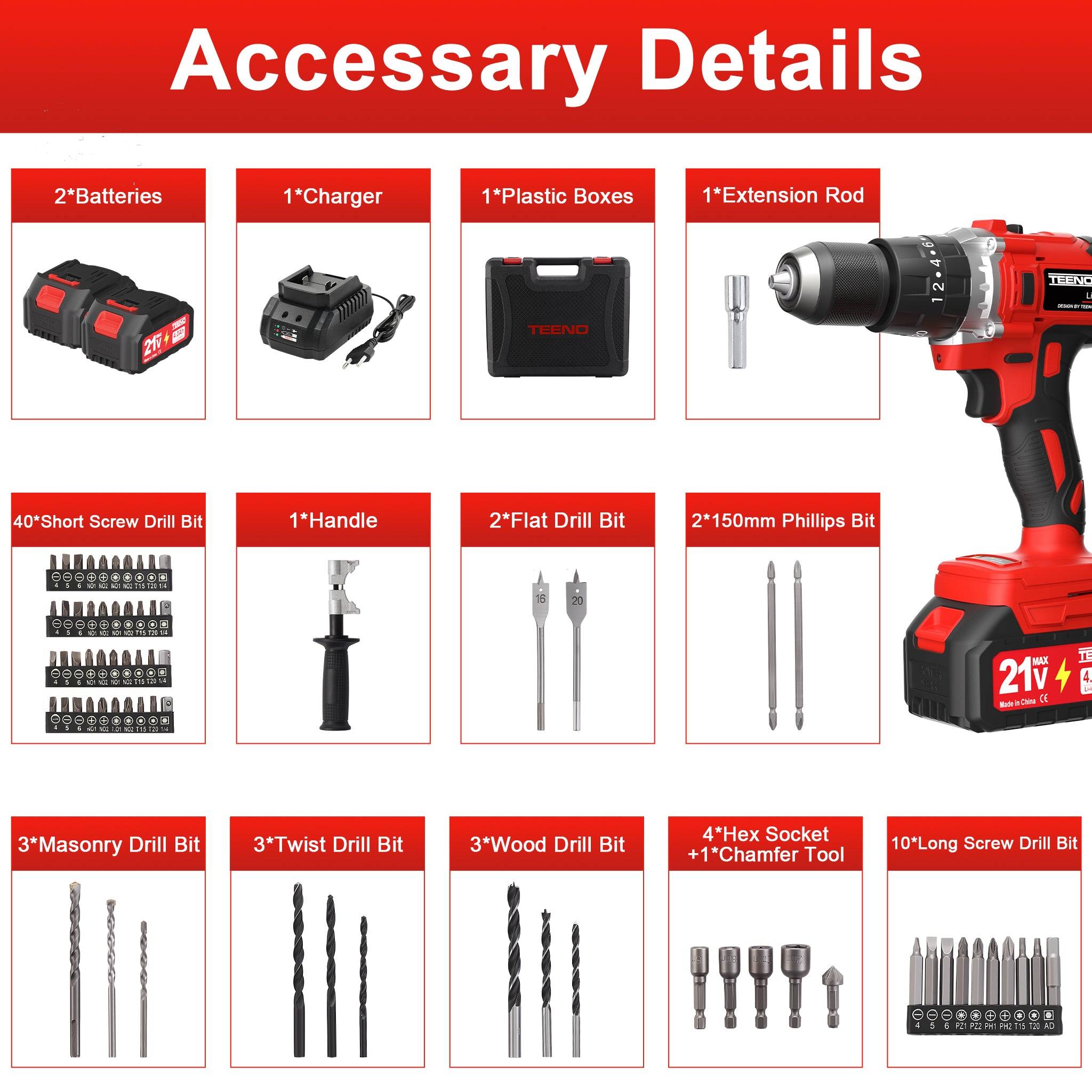 Perceuse-visseuse sans fil sans balais 21 V, compatible avec les batteries Makita 2 x 4,0 Ah, couple max. 130 Nm, 20 + 3 réglages de couple, mandrin - Image 6
