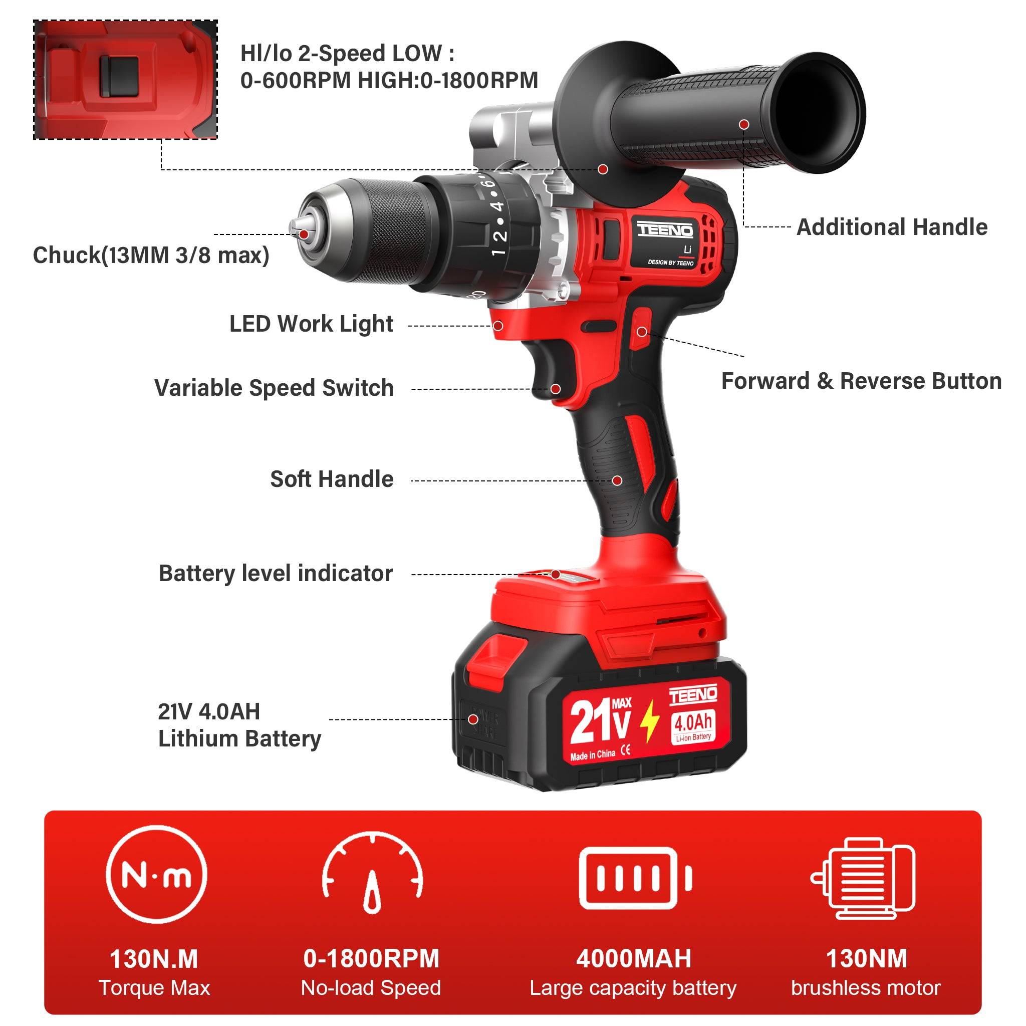 Perceuse-visseuse sans fil sans balais 21 V, compatible avec les batteries Makita 2 x 4,0 Ah, couple max. 130 Nm, 20 + 3 réglages de couple, mandrin - Image 3