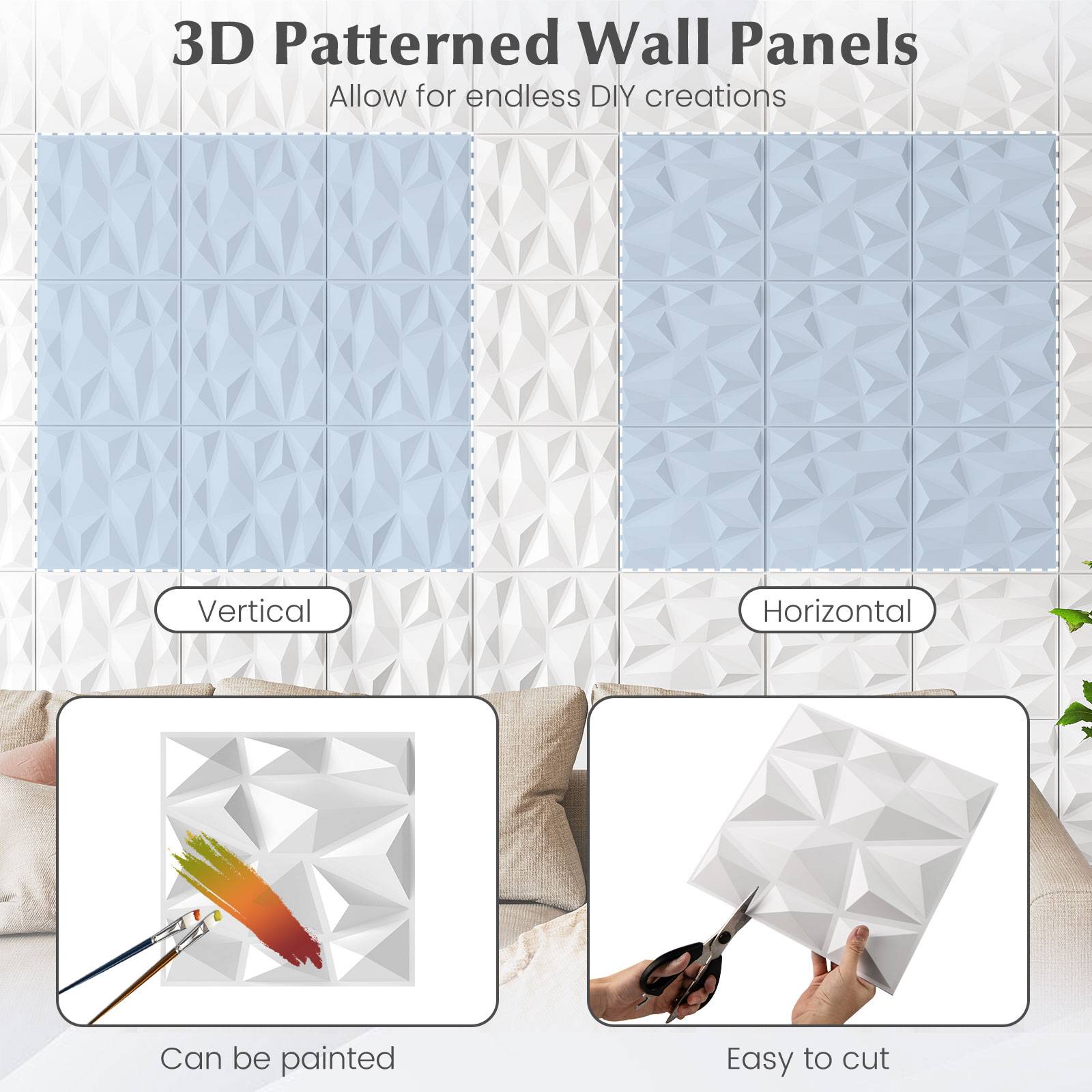 Lot de 50 Panneaux Muraux 3D Carrés 30 x 30 cm, Décoration Murale Intérieure en PVC Résistant au Feu avec Accent Diamant pour Découpe Créative, Blanc - Image 5