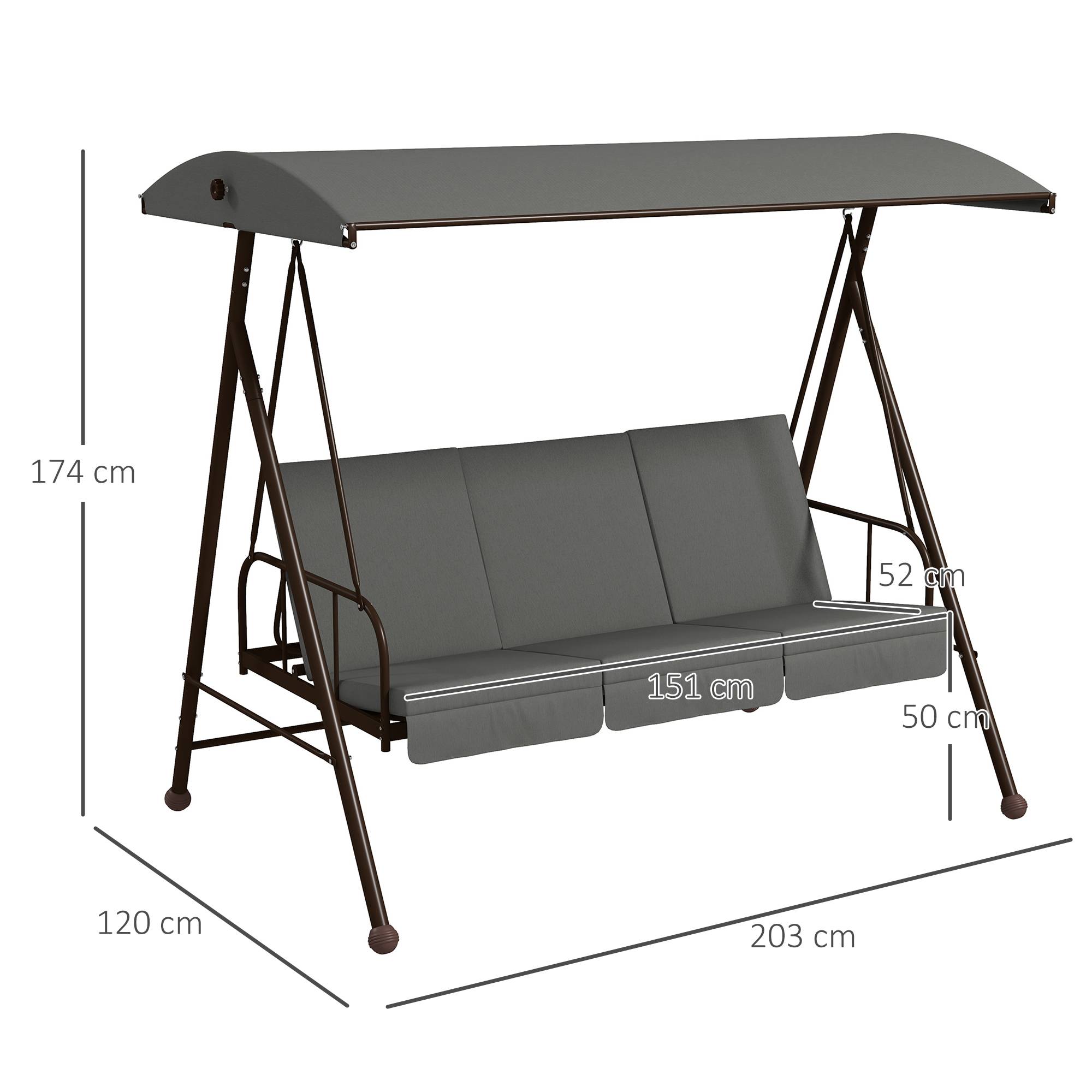 Outsunny - Balancelle de jardin convertible 3 places grand confort 3 coussins toit réglable acier polyester gris - Outsunny - Imagen 3