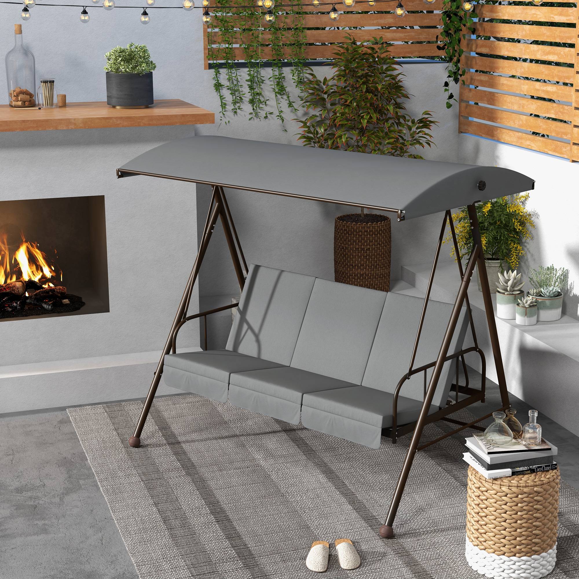 Outsunny - Balancelle de jardin convertible 3 places grand confort 3 coussins toit réglable acier polyester gris - Outsunny - Imagen 2