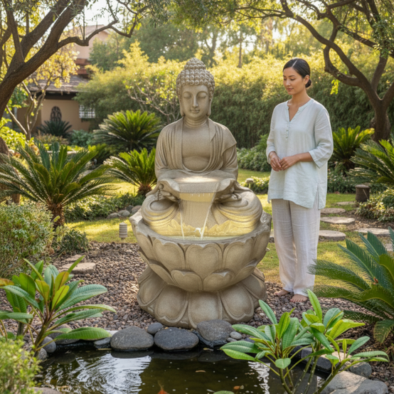 Fontaine de jardin Bouddha lotus 96x166 cm polyrésine beige avec pompe ...