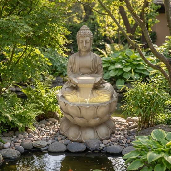 Fontaine de jardin Bouddha lotus 96x166 cm polyrésine beige avec pompe ...