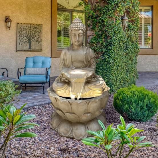 Fontaine de jardin Bouddha lotus 96x166 cm polyrésine beige avec pompe ...