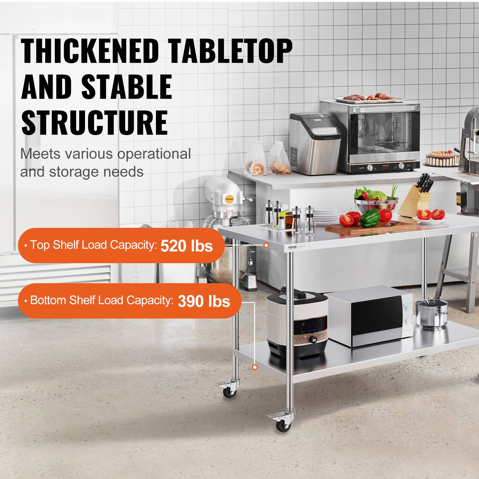 VEVOR Table travail inox 76,2x152,4x95,5cm, roulettes, 3 H régl., rangement, restaurant/maison/bar. - Image 3