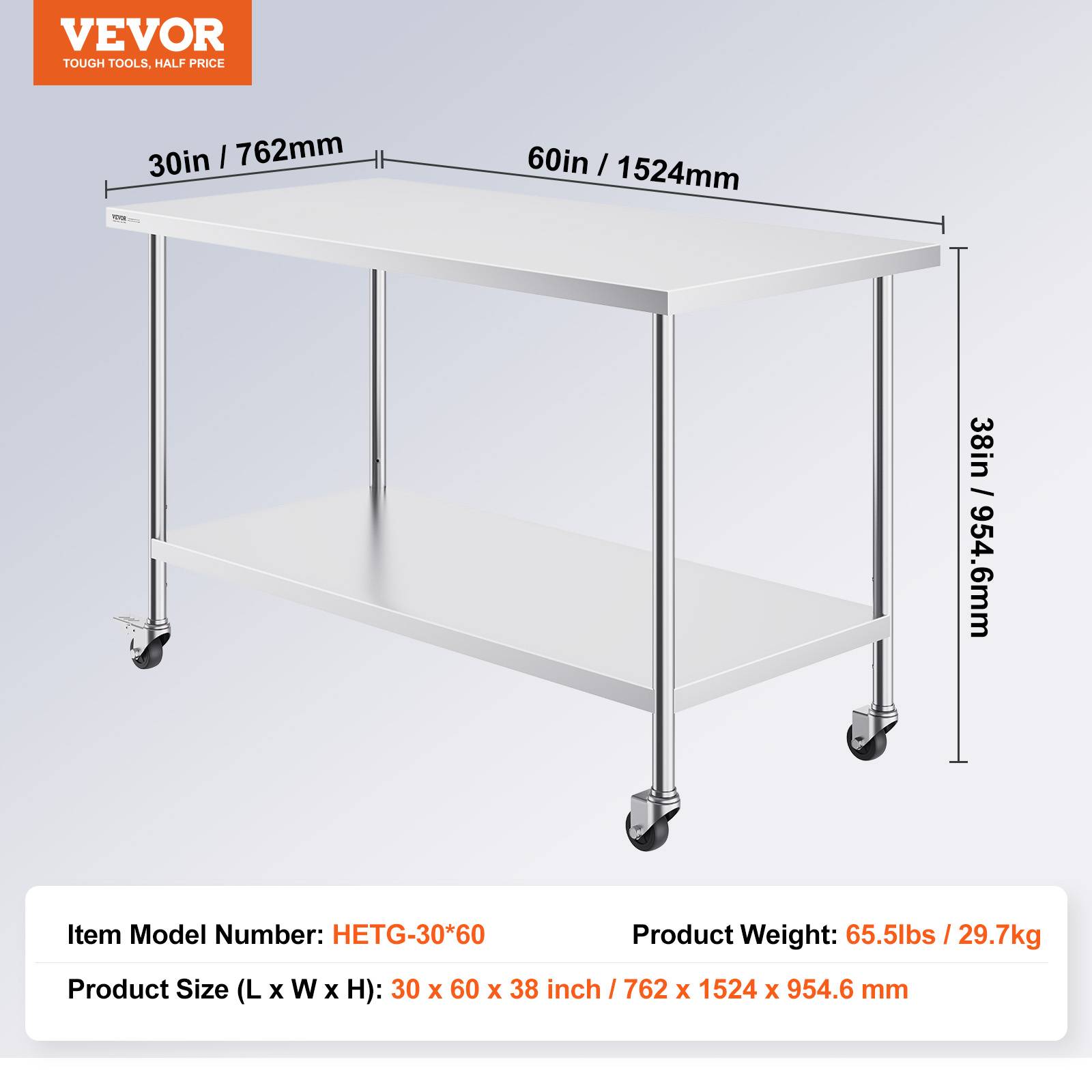 VEVOR Table travail inox 76,2x152,4x95,5cm, roulettes, 3 H régl., rangement, restaurant/maison/bar. - Image 7