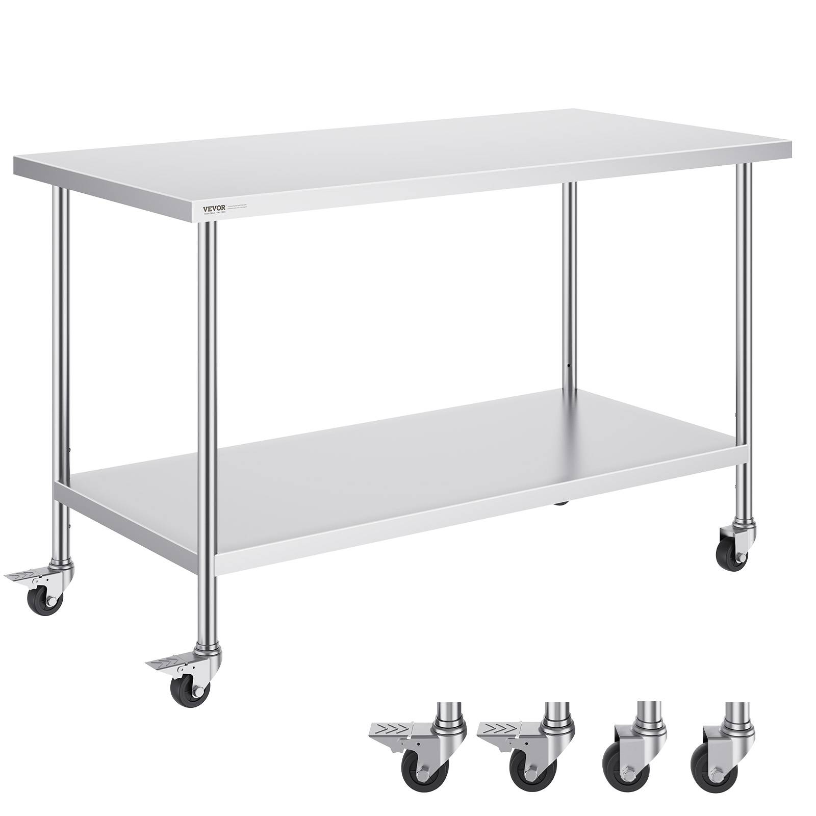 VEVOR Table travail inox 76,2x152,4x95,5cm, roulettes, 3 H régl., rangement, restaurant/maison/bar. - Image 1