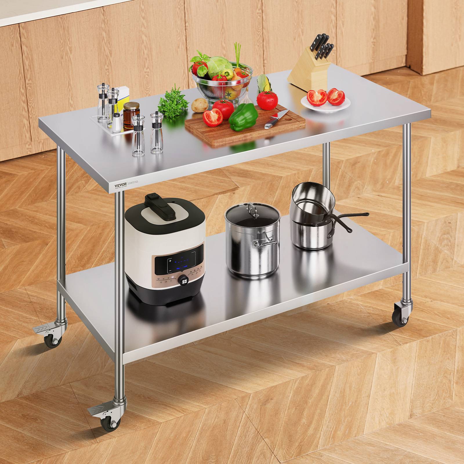 VEVOR Table travail inox 76,2x152,4x95,5cm, roulettes, 3 H régl., rangement, restaurant/maison/bar. - Image 8