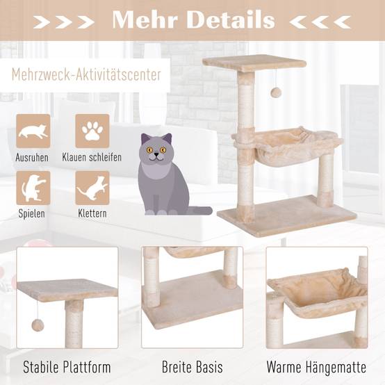 Arbre à chat/griffoir avec poteau en sisal, hamac en peluche, panneaux de particules, beige, 50 x 36 x 70 cm - Image 6