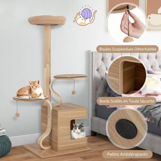 Helloshop26 - Arbre à chat en bois 129 cm condo perchoir supérieur plates-formes rondes pompons suspendus coussin amovible naturel - Imagen 3