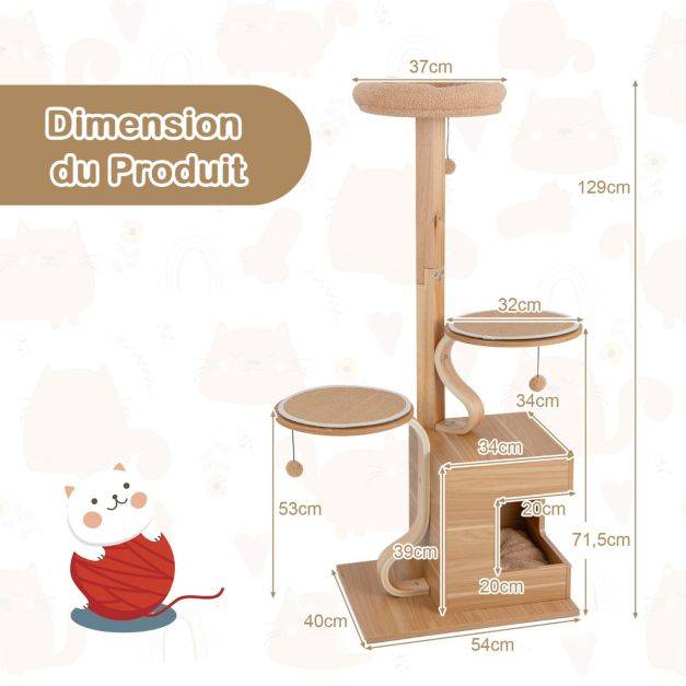 Helloshop26 - Arbre à chat en bois 129 cm condo perchoir supérieur plates-formes rondes pompons suspendus coussin amovible naturel - Imagen 2