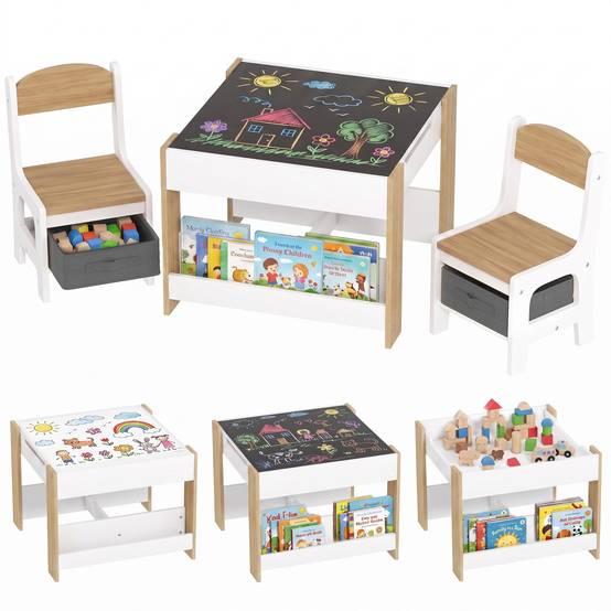 Jeu table et chaises enfant 3-en-1 avec ardoise, tiroirs tissus et rangement, blanc et naturel - Image 1