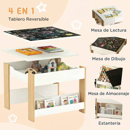 Jeu table et chaises enfant 3-en-1 avec ardoise, tiroirs tissus et rangement, blanc et naturel - Image 6