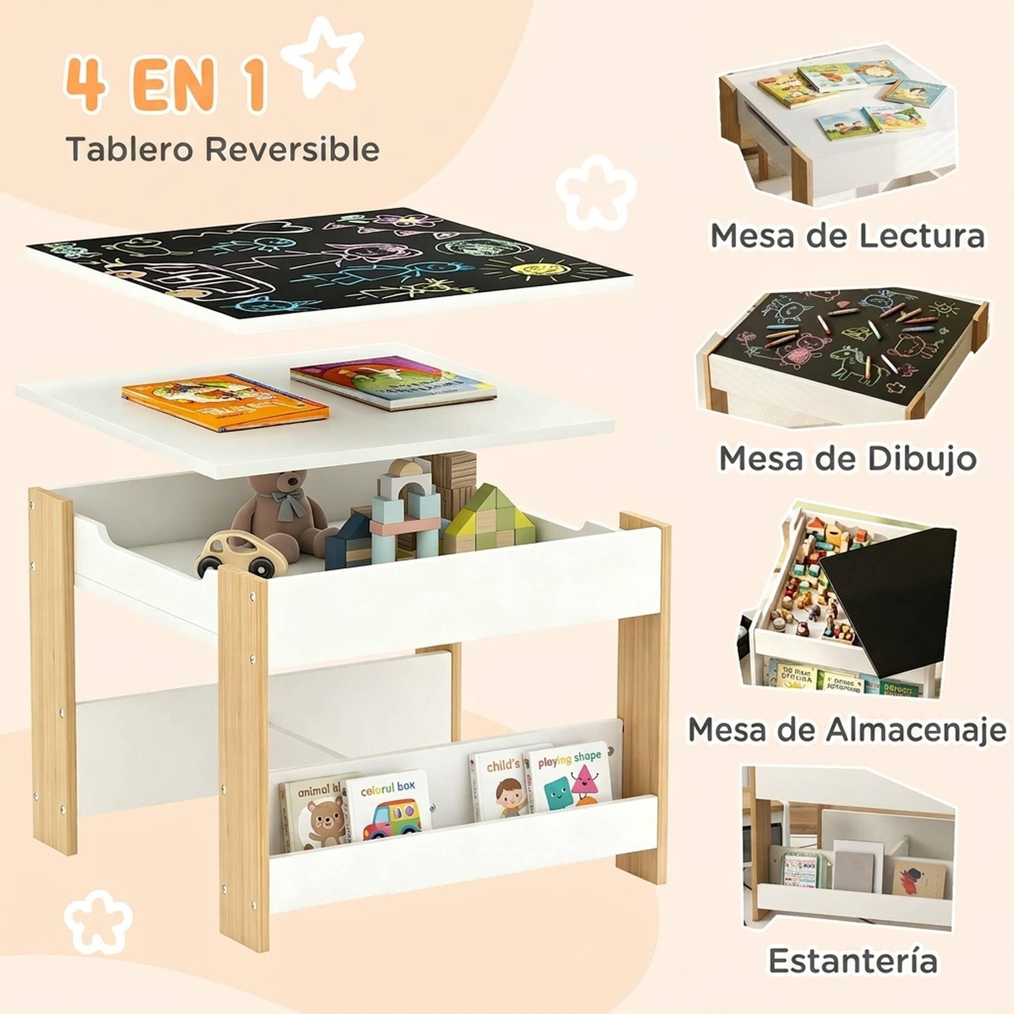 Jeu table et chaises enfant 3-en-1 avec ardoise, tiroirs tissus et rangement, blanc et naturel - Image 6