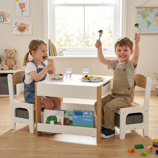 Jeu table et chaises enfant 3-en-1 avec ardoise, tiroirs tissus et rangement, blanc et naturel - Image 3