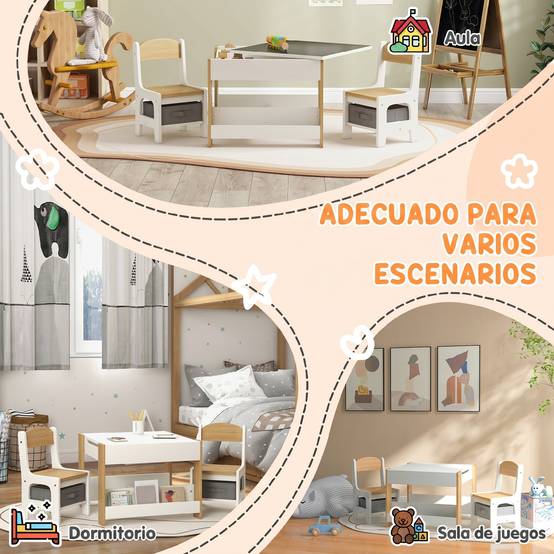 Jeu table et chaises enfant 3-en-1 avec ardoise, tiroirs tissus et rangement, blanc et naturel - Image 9