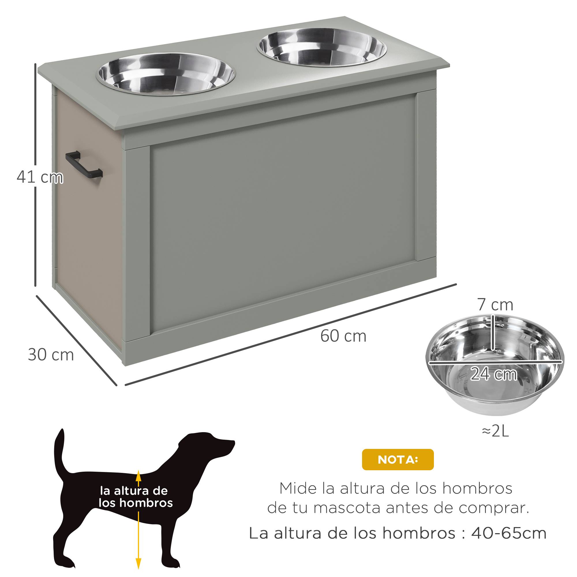 Gamelle surélevée pour grands chiens avec 2 gamelles de 2000 ml et rangement dissimulé, 60 x 30 x 41 cm, grise - Image 5