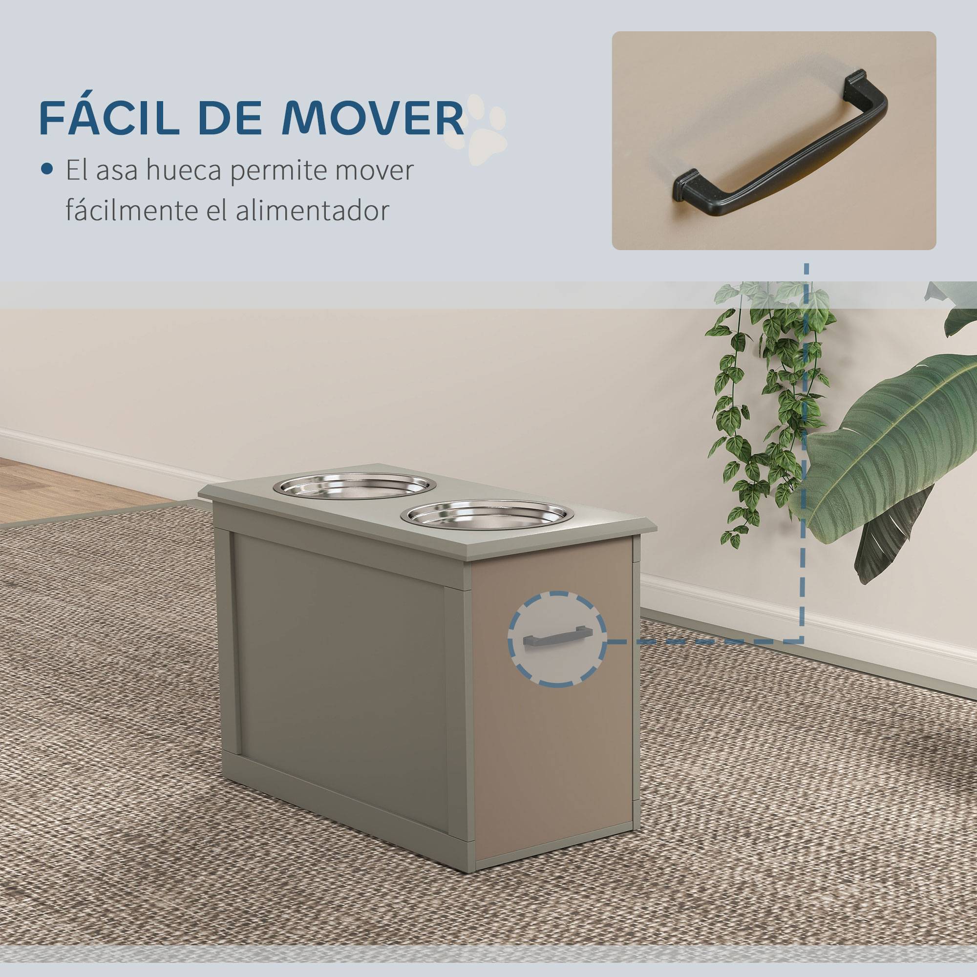 Gamelle surélevée pour grands chiens avec 2 gamelles de 2000 ml et rangement dissimulé, 60 x 30 x 41 cm, grise - Image 9