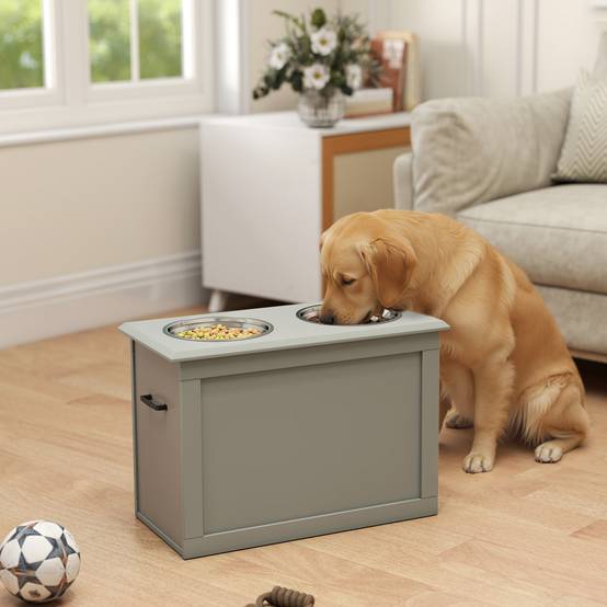 Gamelle surélevée pour grands chiens avec 2 gamelles de 2000 ml et rangement dissimulé, 60 x 30 x 41 cm, grise - Image 3