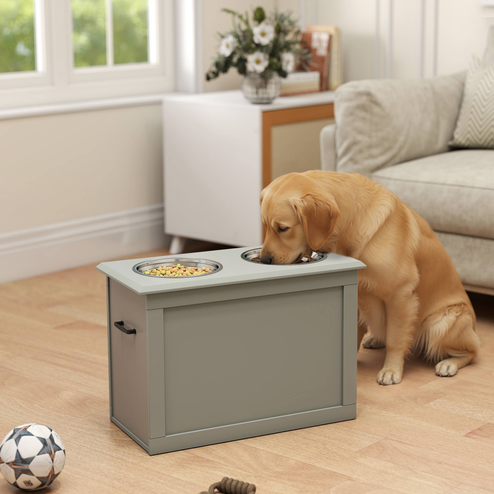 Gamelle surélevée pour grands chiens avec 2 gamelles de 2000 ml et rangement dissimulé, 60 x 30 x 41 cm, grise - Image 3