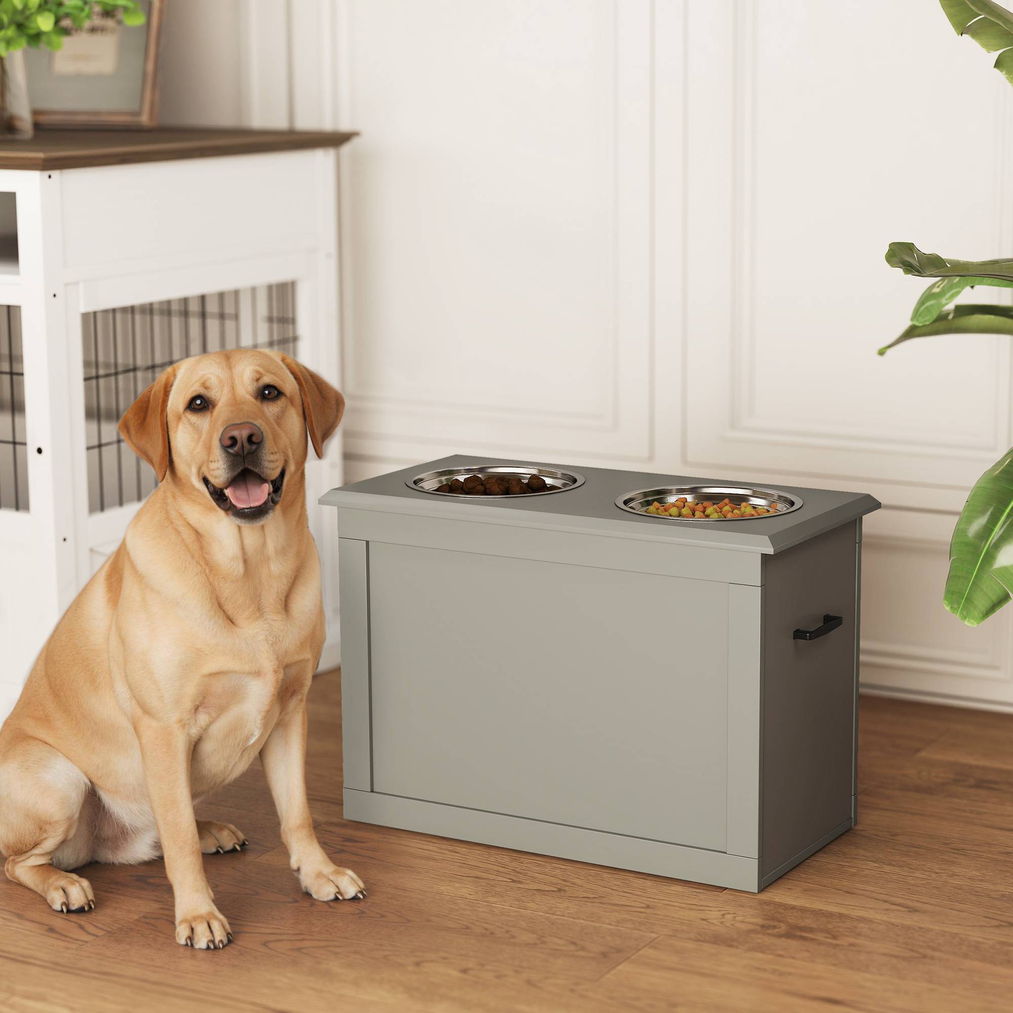 Gamelle surélevée pour grands chiens avec 2 gamelles de 2000 ml et rangement dissimulé, 60 x 30 x 41 cm, grise - Image 4