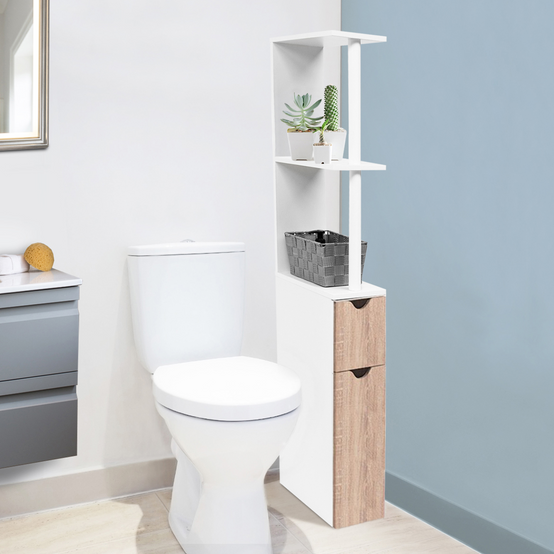 Meuble WC étagère WILLY bois 2 portes blanc et hêtre - Image 1