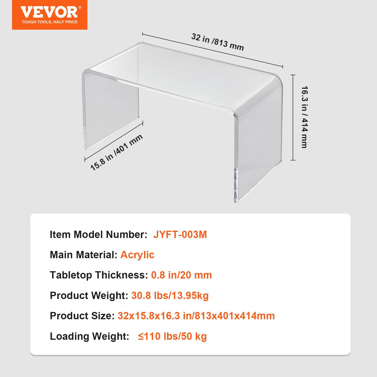 VEVOR Table basse acrylique 813x401x414 mm, charge 50 kg. Transparent, 20 mm épaisseur, salon, balcon. - Image 7
