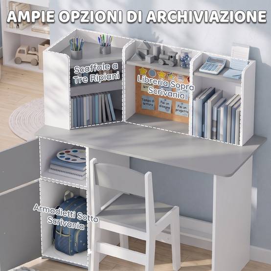 Ensemble bureau et chaise enfant avec porte-stylo, support tablette réglable, armoires et tableau, gris - Image 8