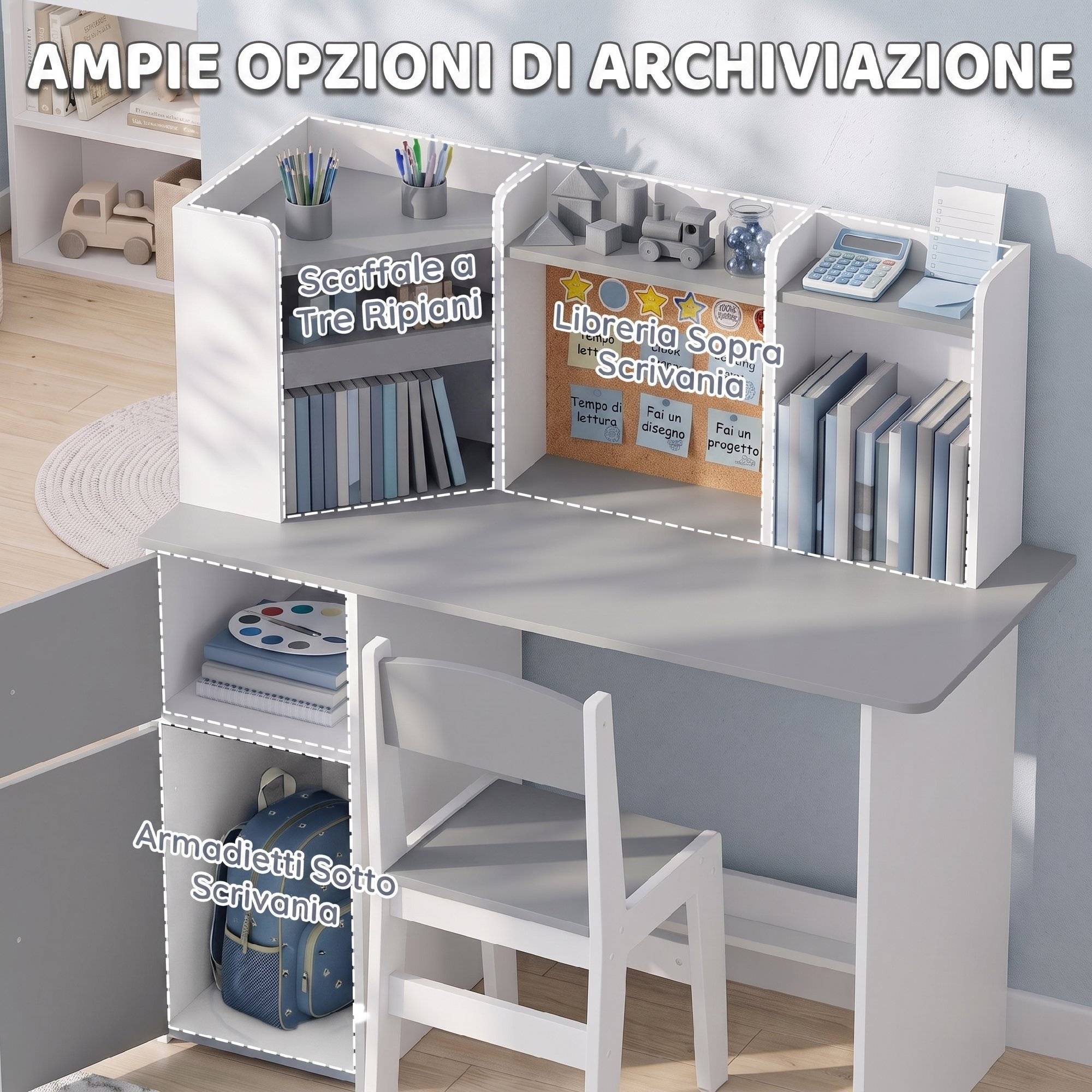 Ensemble bureau et chaise enfant avec porte-stylo, support tablette réglable, armoires et tableau, gris - Image 8