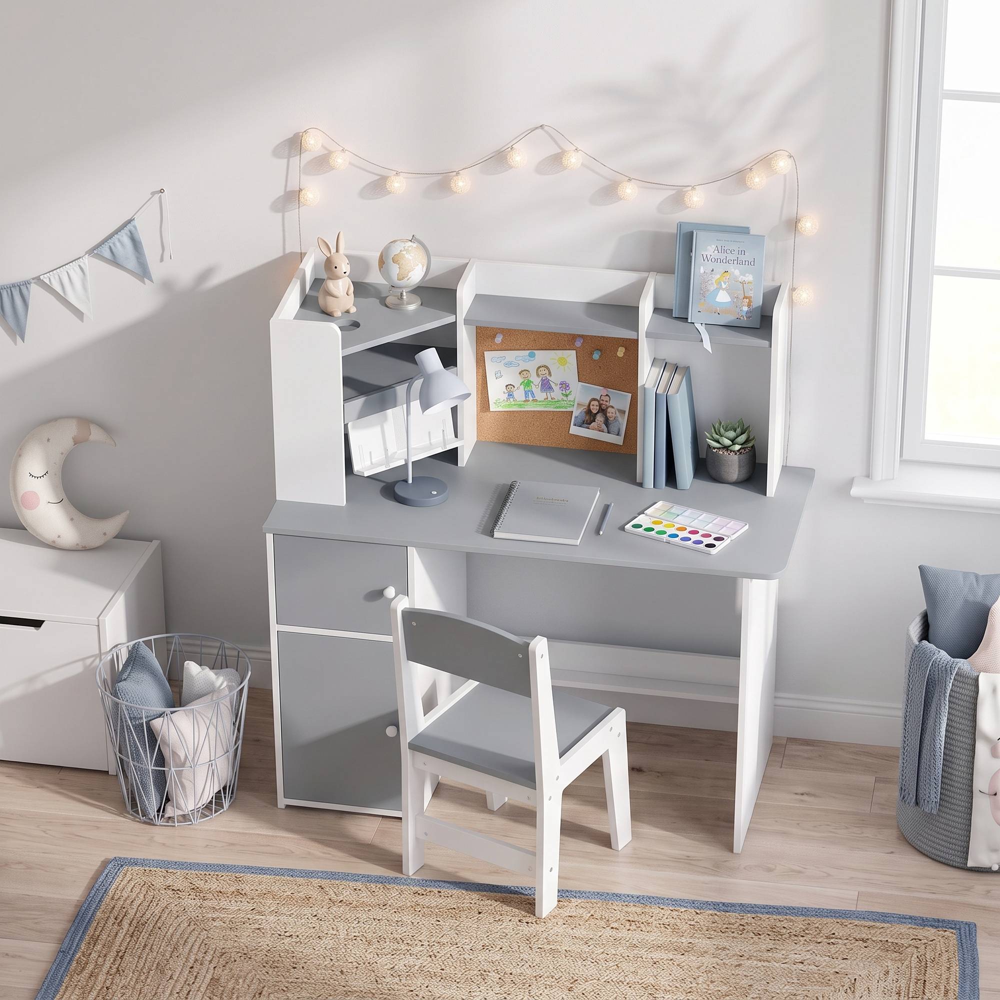 Ensemble bureau et chaise enfant avec porte-stylo, support tablette réglable, armoires et tableau, gris - Image 10