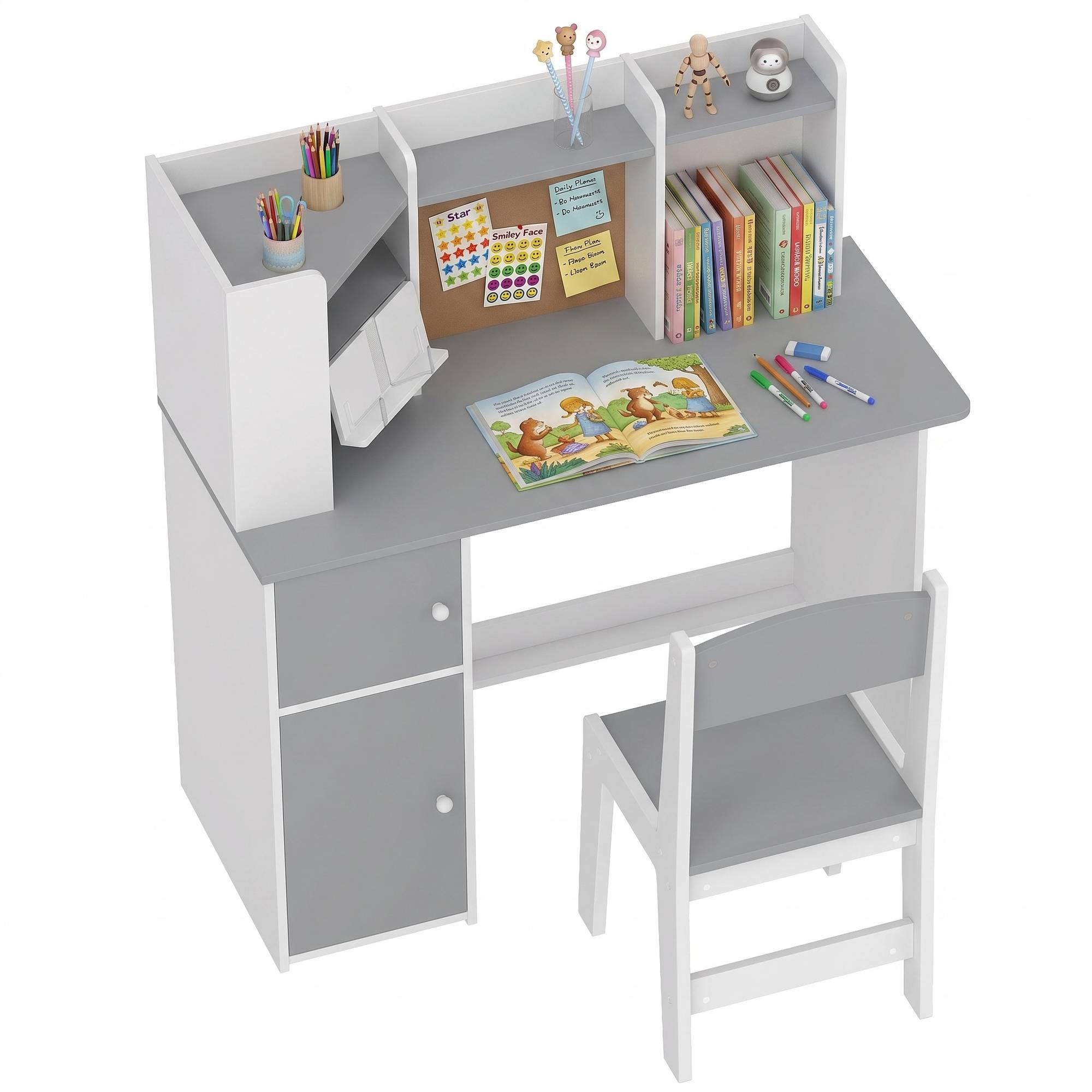 Ensemble bureau et chaise enfant avec porte-stylo, support tablette réglable, armoires et tableau, gris - Image 2