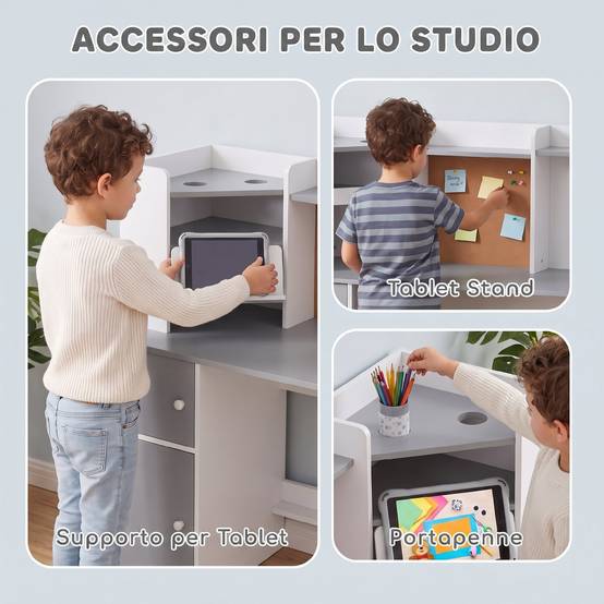 Ensemble bureau et chaise enfant avec porte-stylo, support tablette réglable, armoires et tableau, gris - Image 7