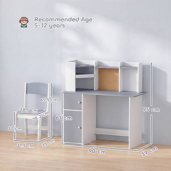 Ensemble bureau et chaise enfant avec porte-stylo, support tablette réglable, armoires et tableau, gris - Image 5