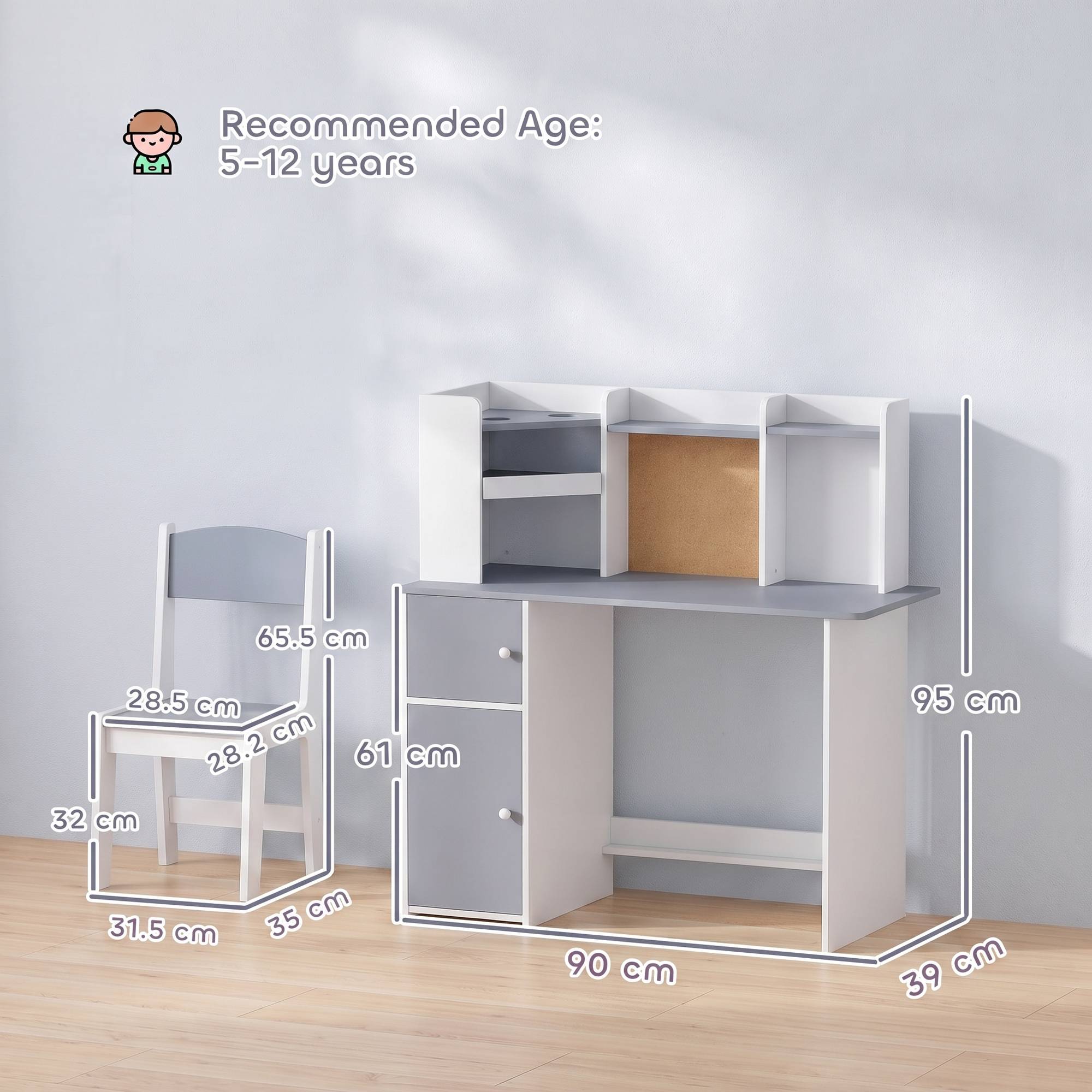 Ensemble bureau et chaise enfant avec porte-stylo, support tablette réglable, armoires et tableau, gris - Image 5