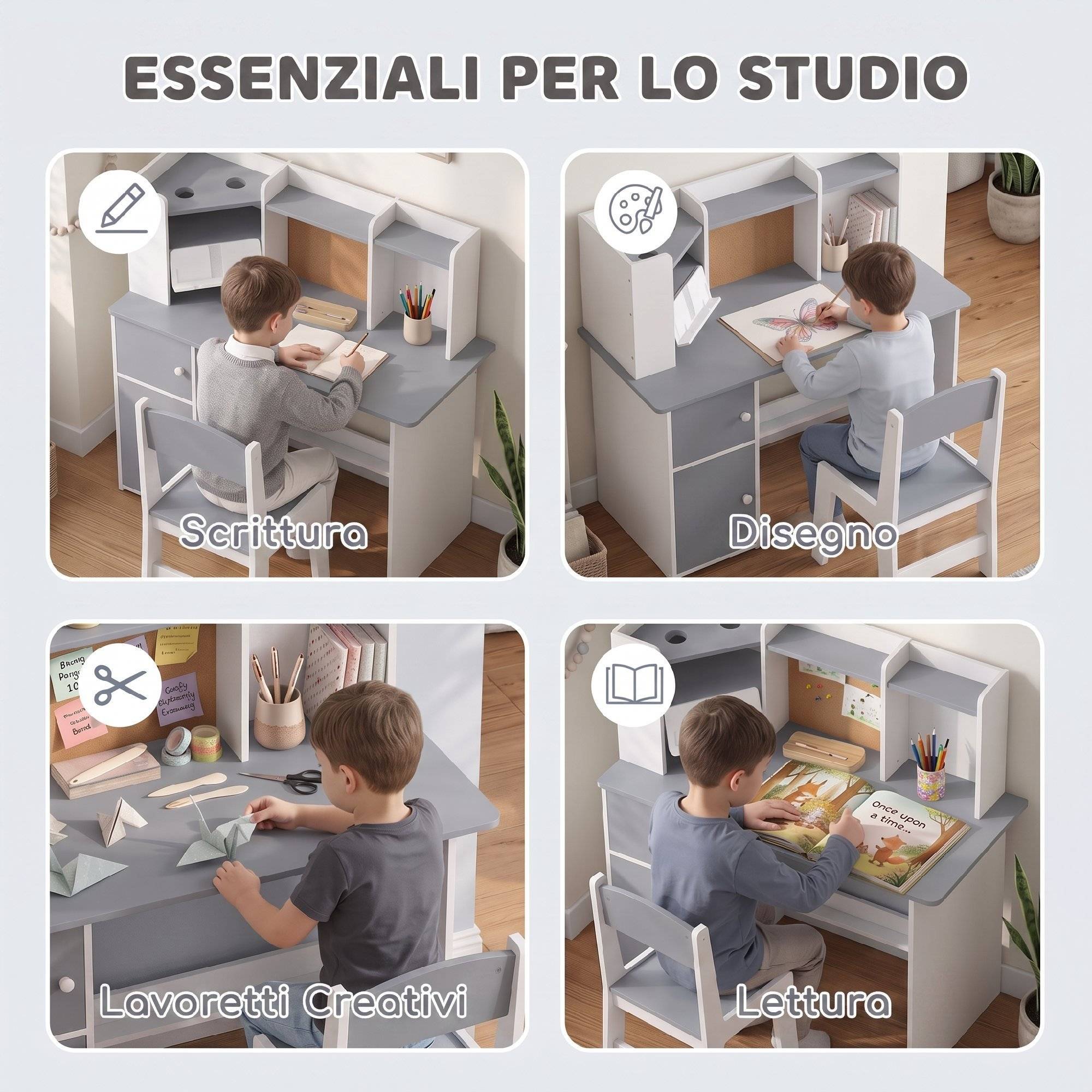 Ensemble bureau et chaise enfant avec porte-stylo, support tablette réglable, armoires et tableau, gris - Image 6
