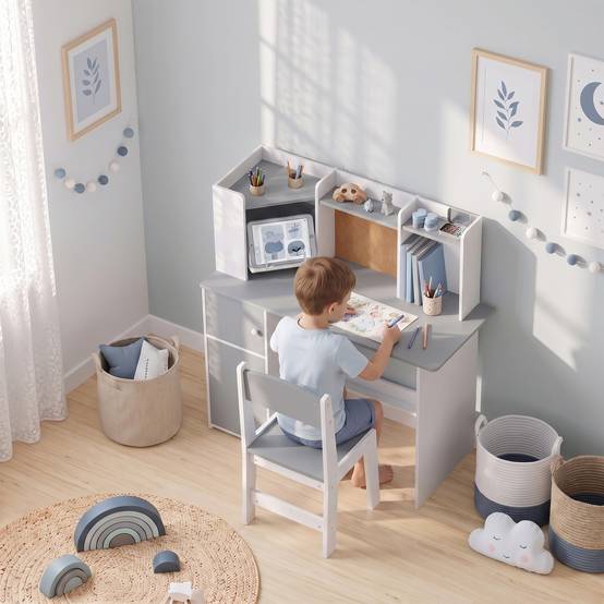 Ensemble bureau et chaise enfant avec porte-stylo, support tablette réglable, armoires et tableau, gris - Image 3