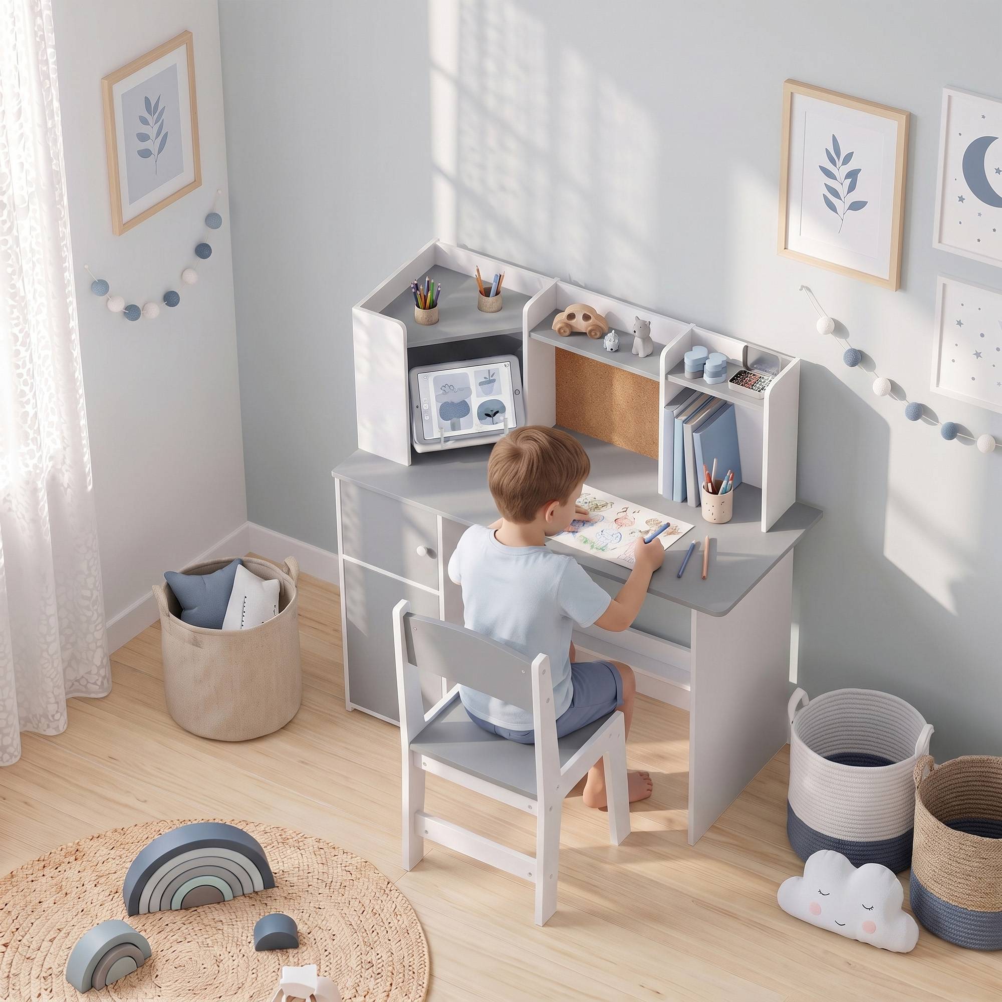 Ensemble bureau et chaise enfant avec porte-stylo, support tablette réglable, armoires et tableau, gris - Image 3