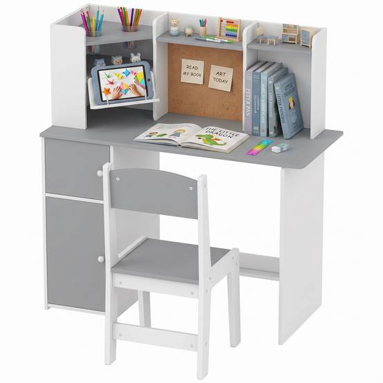 Ensemble bureau et chaise enfant avec porte-stylo, support tablette réglable, armoires et tableau, gris - Image 1