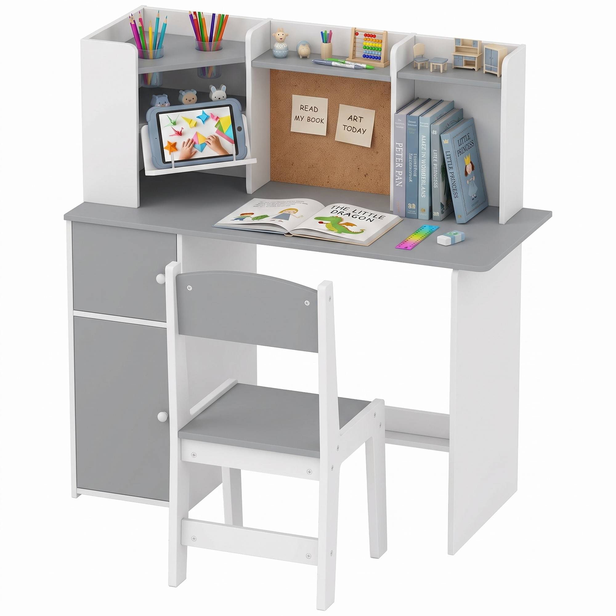 Ensemble bureau et chaise enfant avec porte-stylo, support tablette réglable, armoires et tableau, gris - Image 1